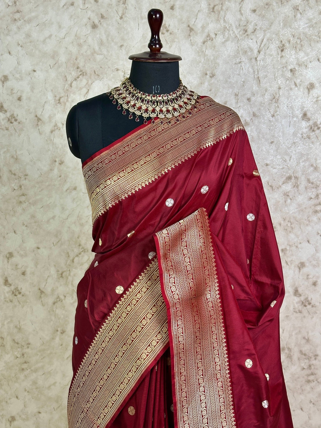 Wine Maroon Pure Katan Silk Banarasi Kadhwa Buta Handloom Ektara Weaved Saree with Zari Border - Katan Banaras