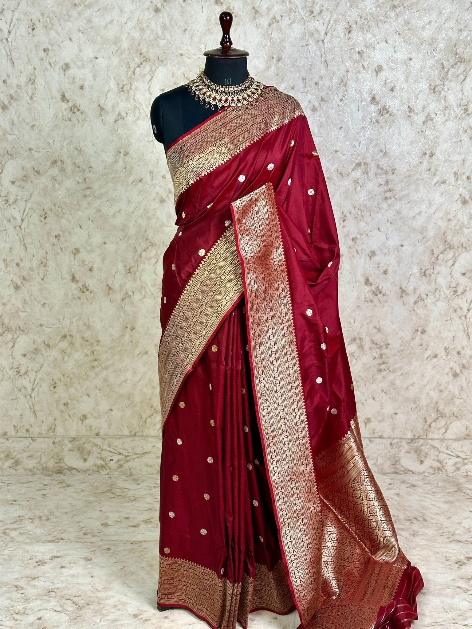 Wine Maroon Pure Katan Silk Banarasi Kadhwa Buta Handloom Ektara Weaved Saree with Zari Border - Katan Banaras