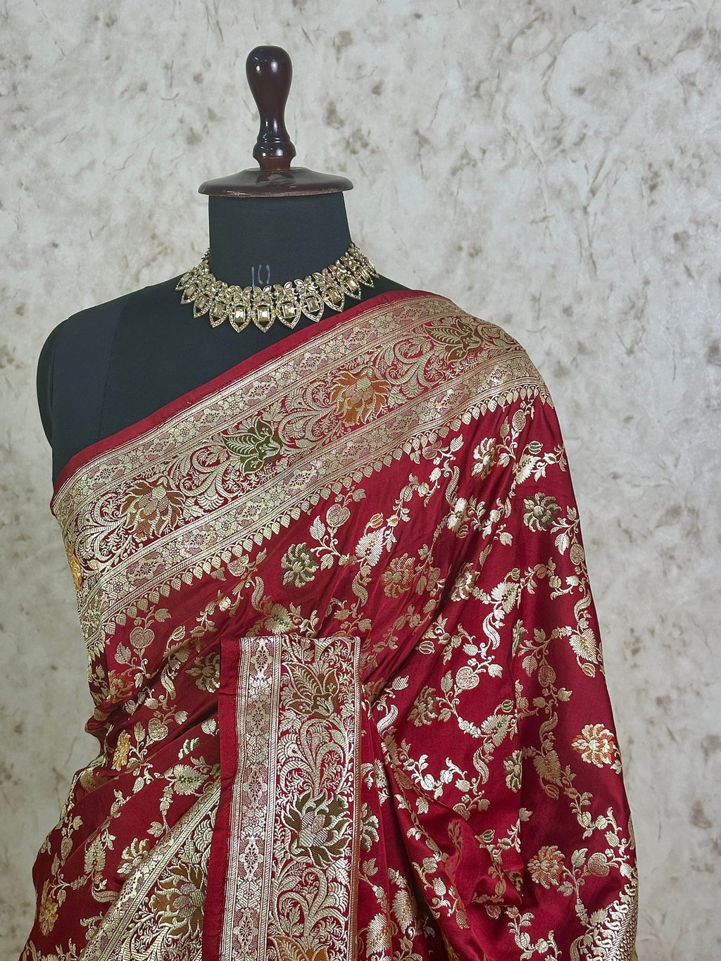 Wine Maroon Satin Silk Banarasi Saree with Meenakari Floral Jaal and Ornate Zari Pallu - Katan Banaras