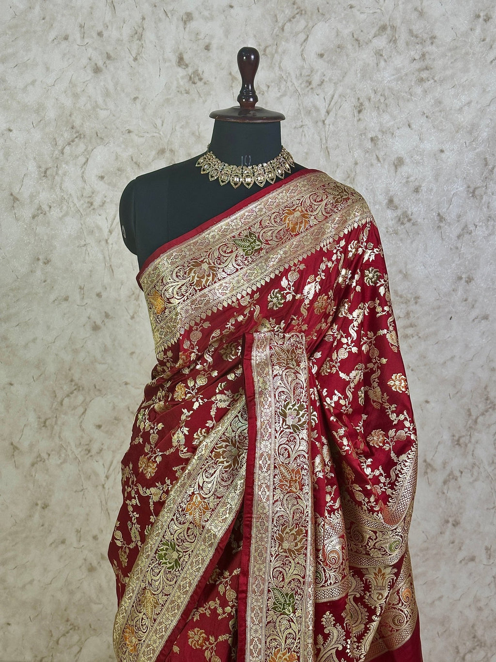 Wine Maroon Satin Silk Banarasi Saree with Meenakari Floral Jaal and Ornate Zari Pallu - Katan Banaras