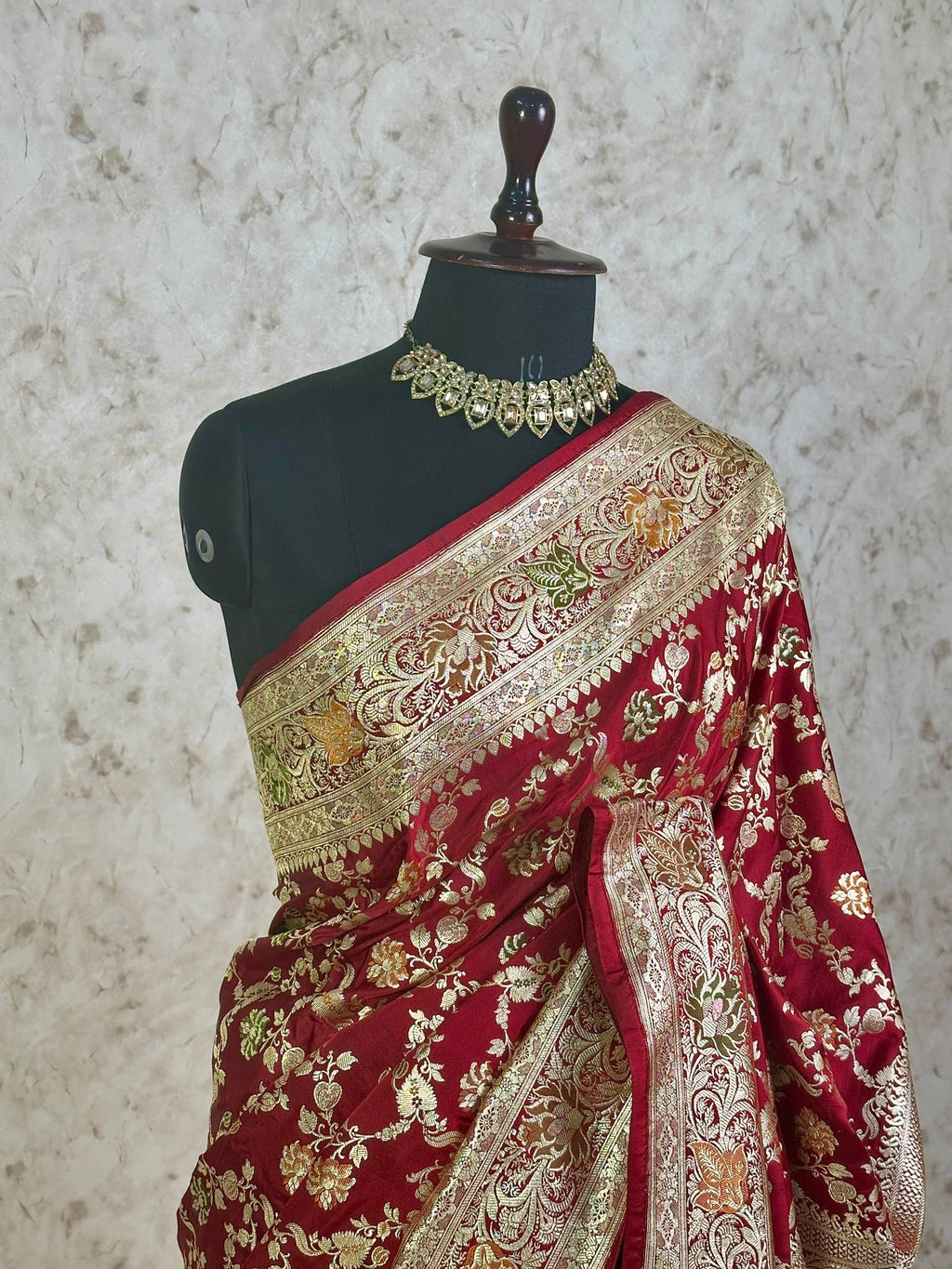 Wine Maroon Satin Silk Banarasi Saree with Meenakari Floral Jaal and Ornate Zari Pallu - Katan Banaras