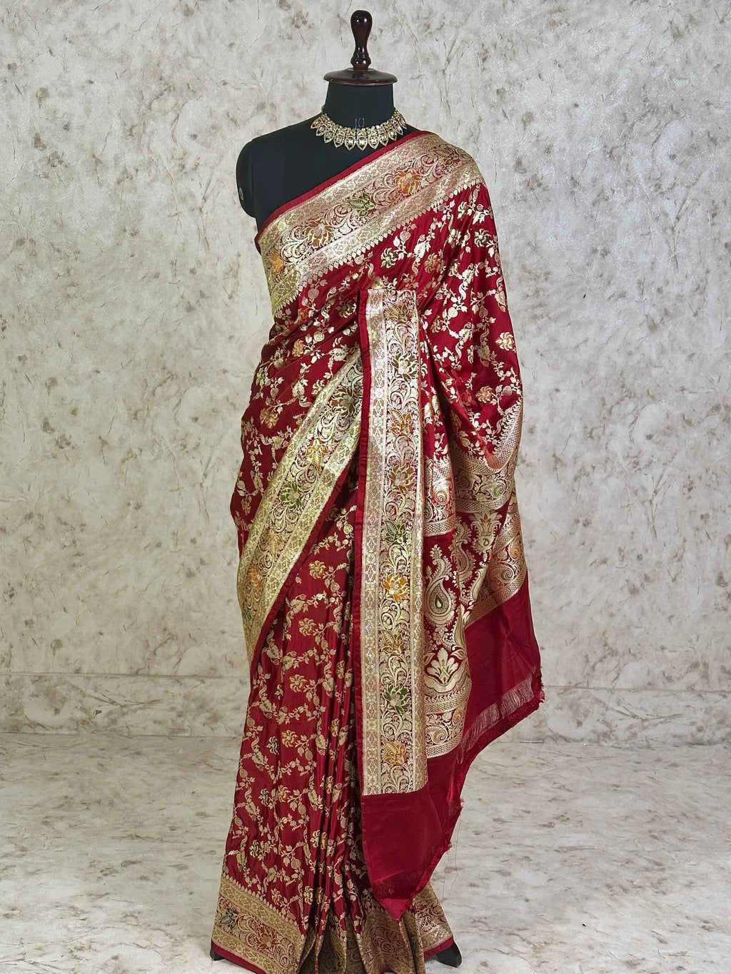 Wine Maroon Satin Silk Banarasi Saree with Meenakari Floral Jaal and Ornate Zari Pallu - Katan Banaras