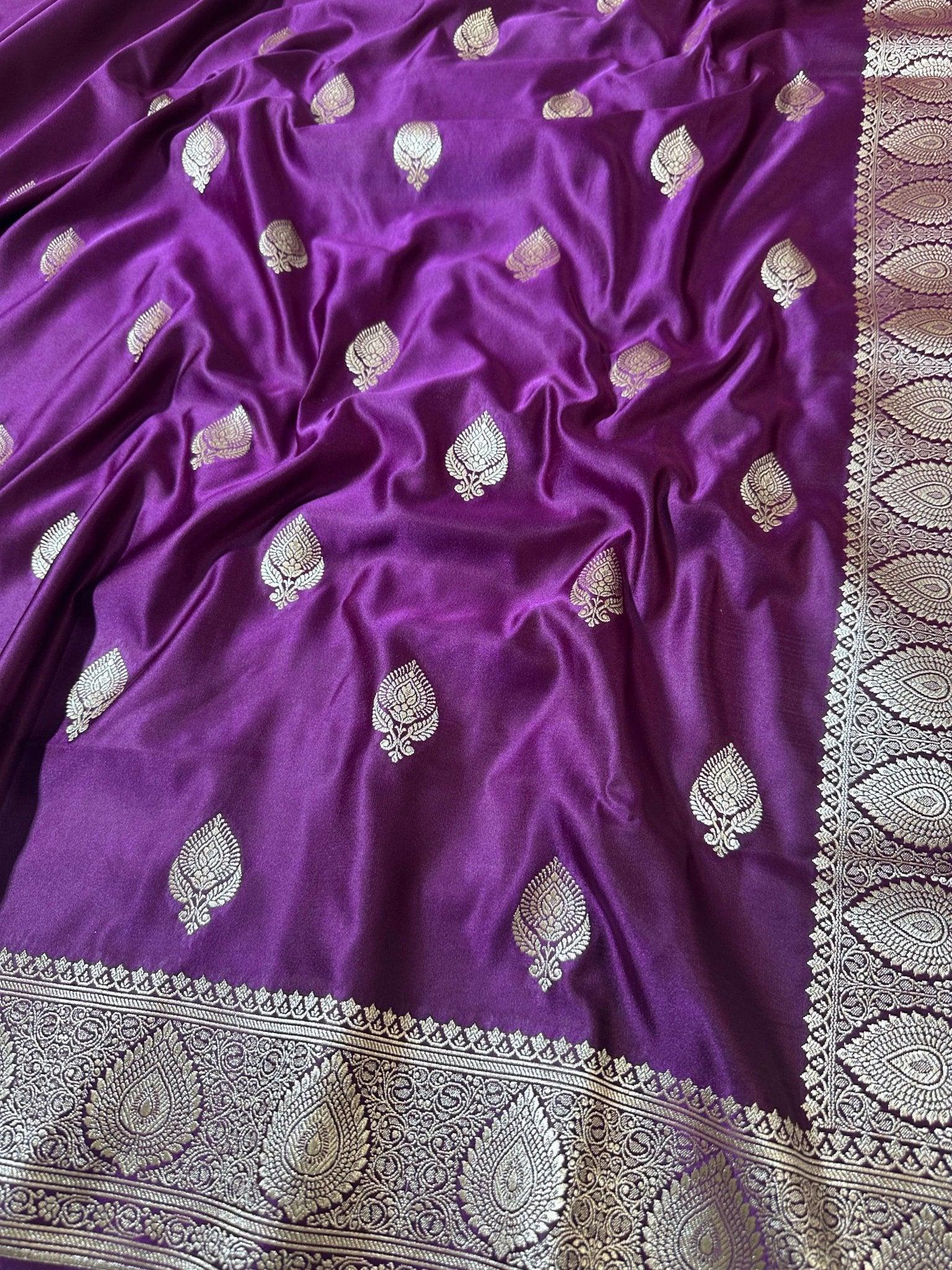 Wine Mashru Silk Banarasi Zari Border Carry Aanchal Booti Saree - Katan Banaras