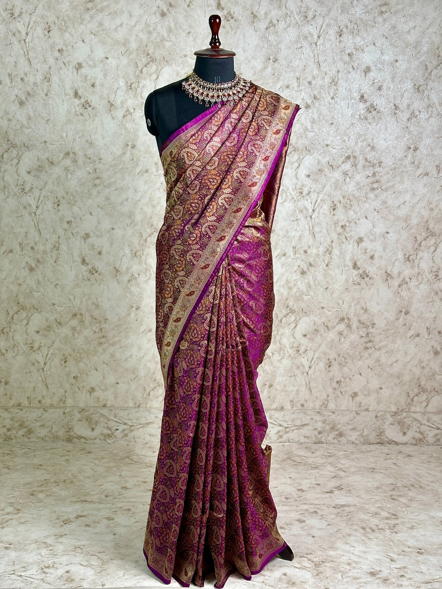 Wine Pure Banarasi Handloom Jamawar Tanchui Kadhwa Interlocked Weaved Saree - Katan Banaras
