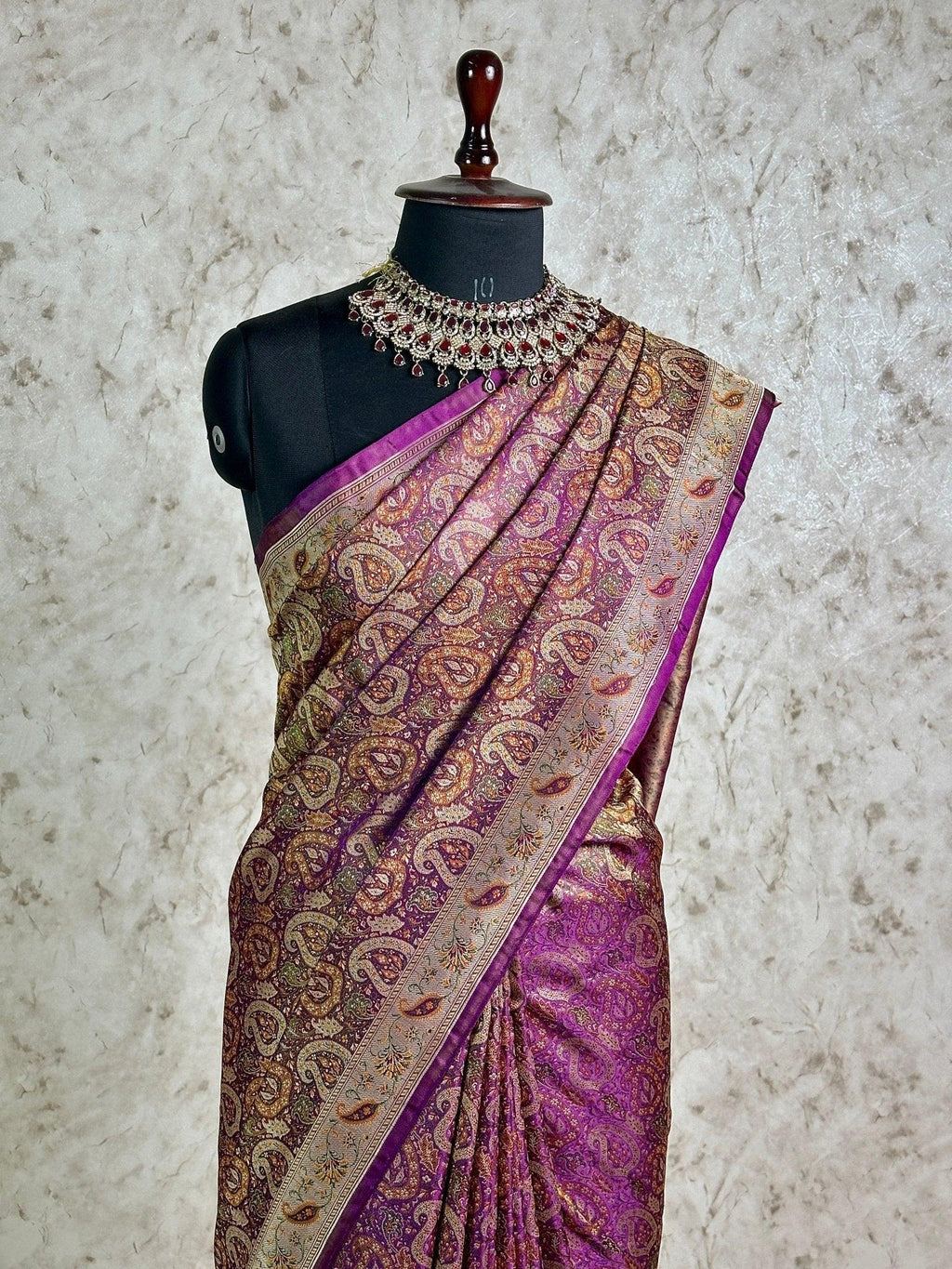Wine Pure Banarasi Handloom Jamawar Tanchui Kadhwa Interlocked Weaved Saree - Katan Banaras