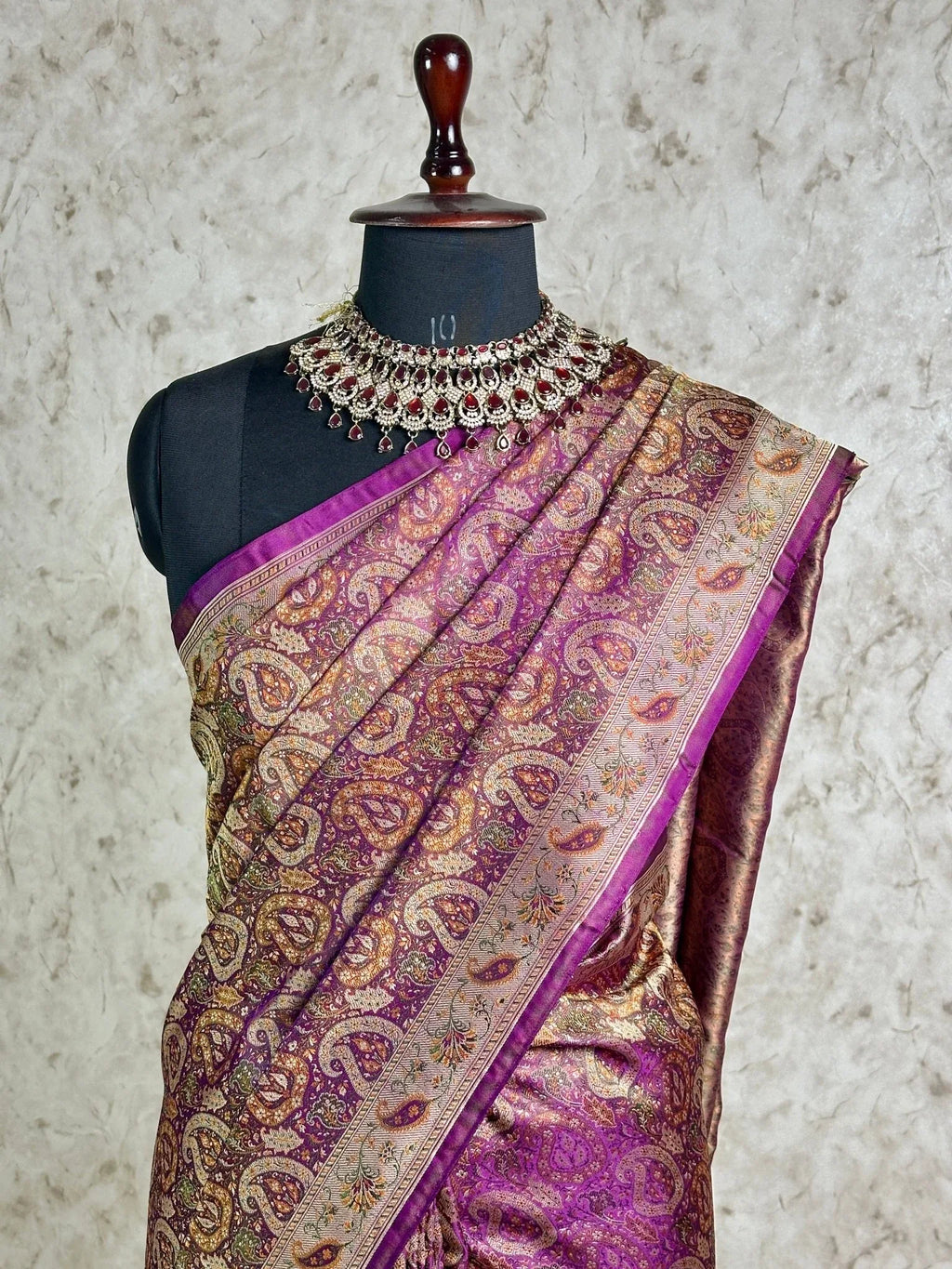 Wine Pure Banarasi Handloom Jamawar Tanchui Kadhwa Interlocked Weaved Saree - Katan Banaras