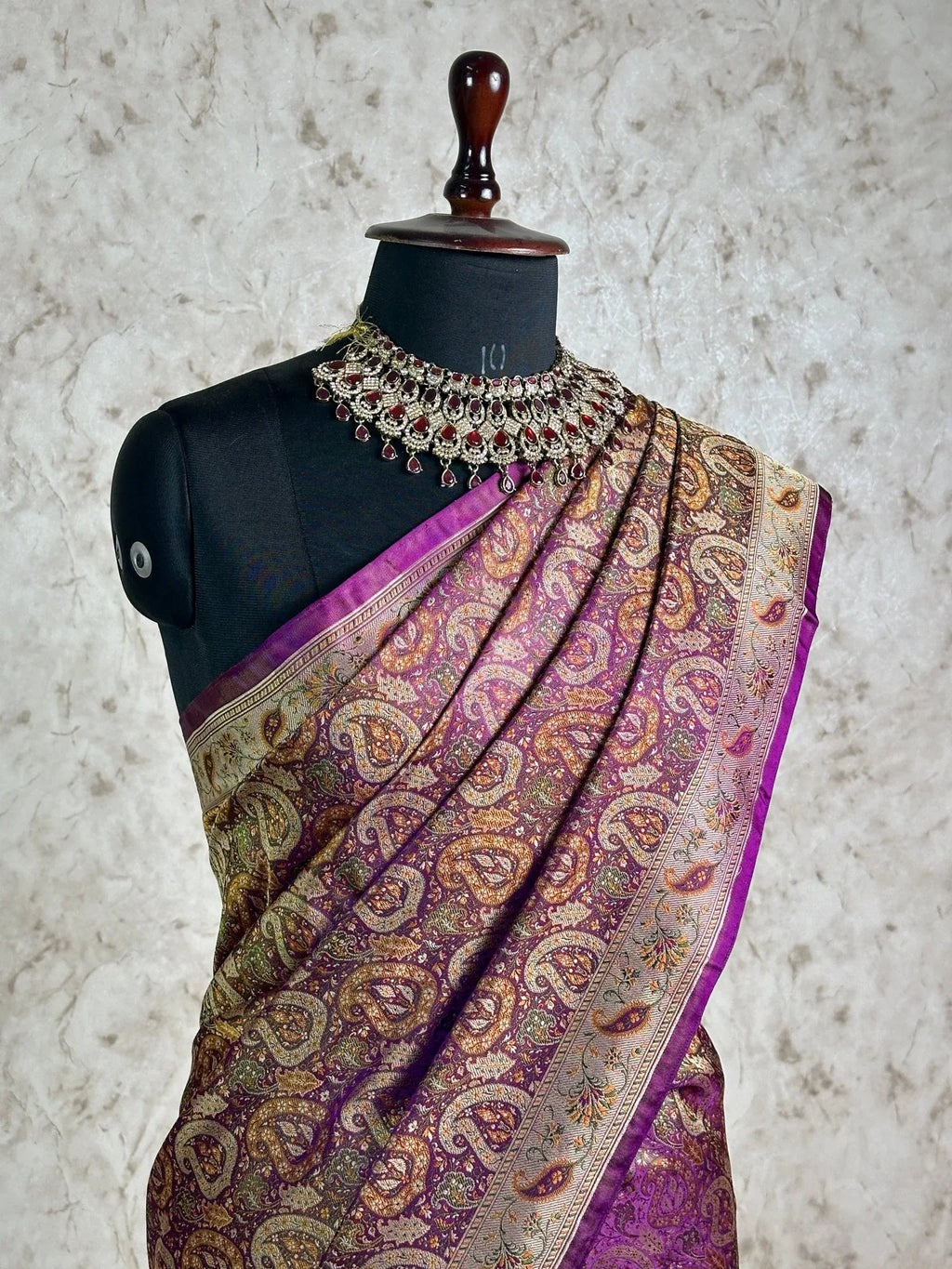 Wine Pure Banarasi Handloom Jamawar Tanchui Kadhwa Interlocked Weaved Saree - Katan Banaras