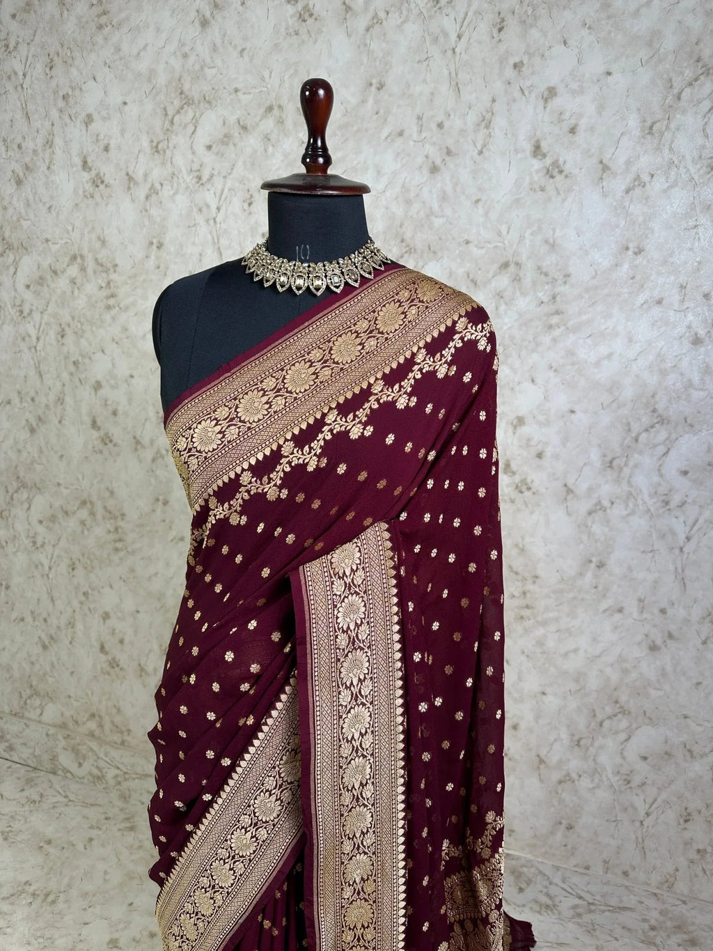Wine Pure Khaddi Georgette Banarasi Saree with Floral Zari Border - Katan Banaras