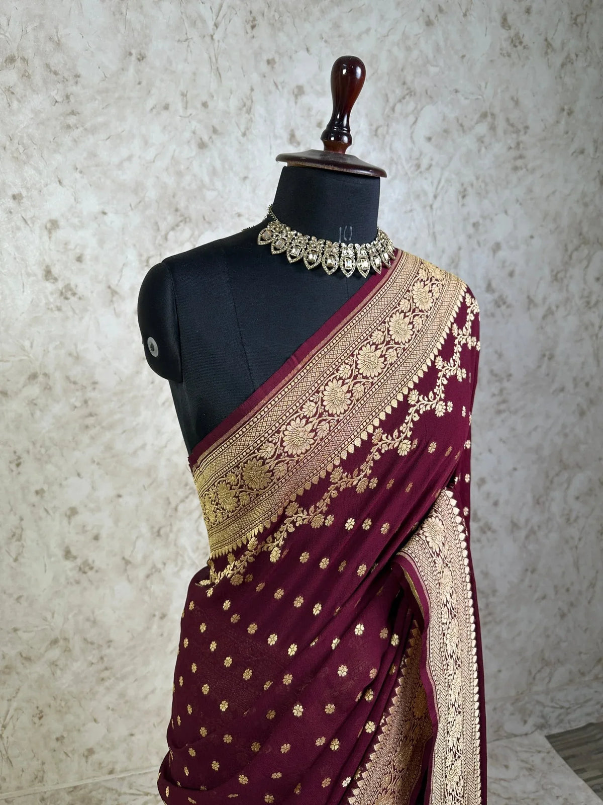Wine Pure Khaddi Georgette Banarasi Saree with Floral Zari Border - Katan Banaras