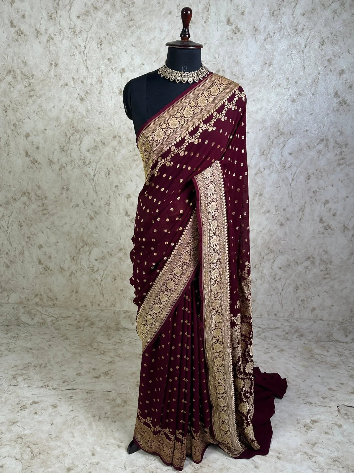 Wine Pure Khaddi Georgette Banarasi Saree with Floral Zari Border - Katan Banaras