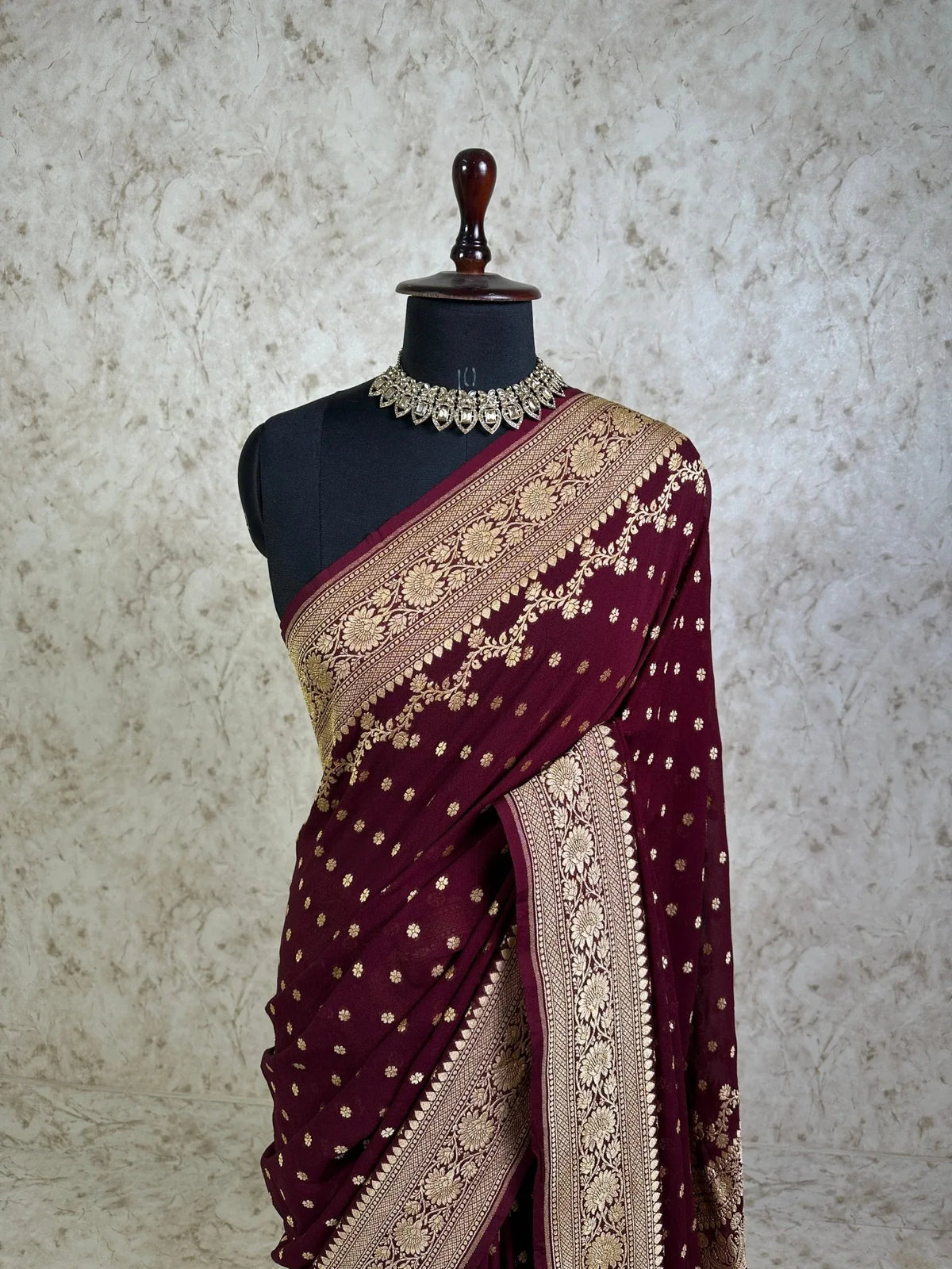 Wine Pure Khaddi Georgette Banarasi Saree with Floral Zari Border - Katan Banaras