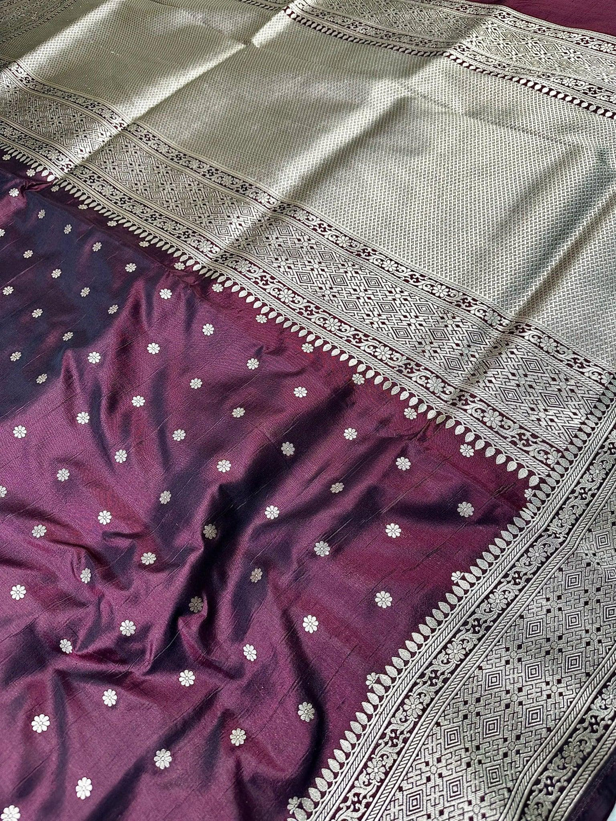 Wine Purple Pure Katan Silk Banarasi Saree with Silver Zari Buti & Traditional Handwoven Border - Katan Banaras