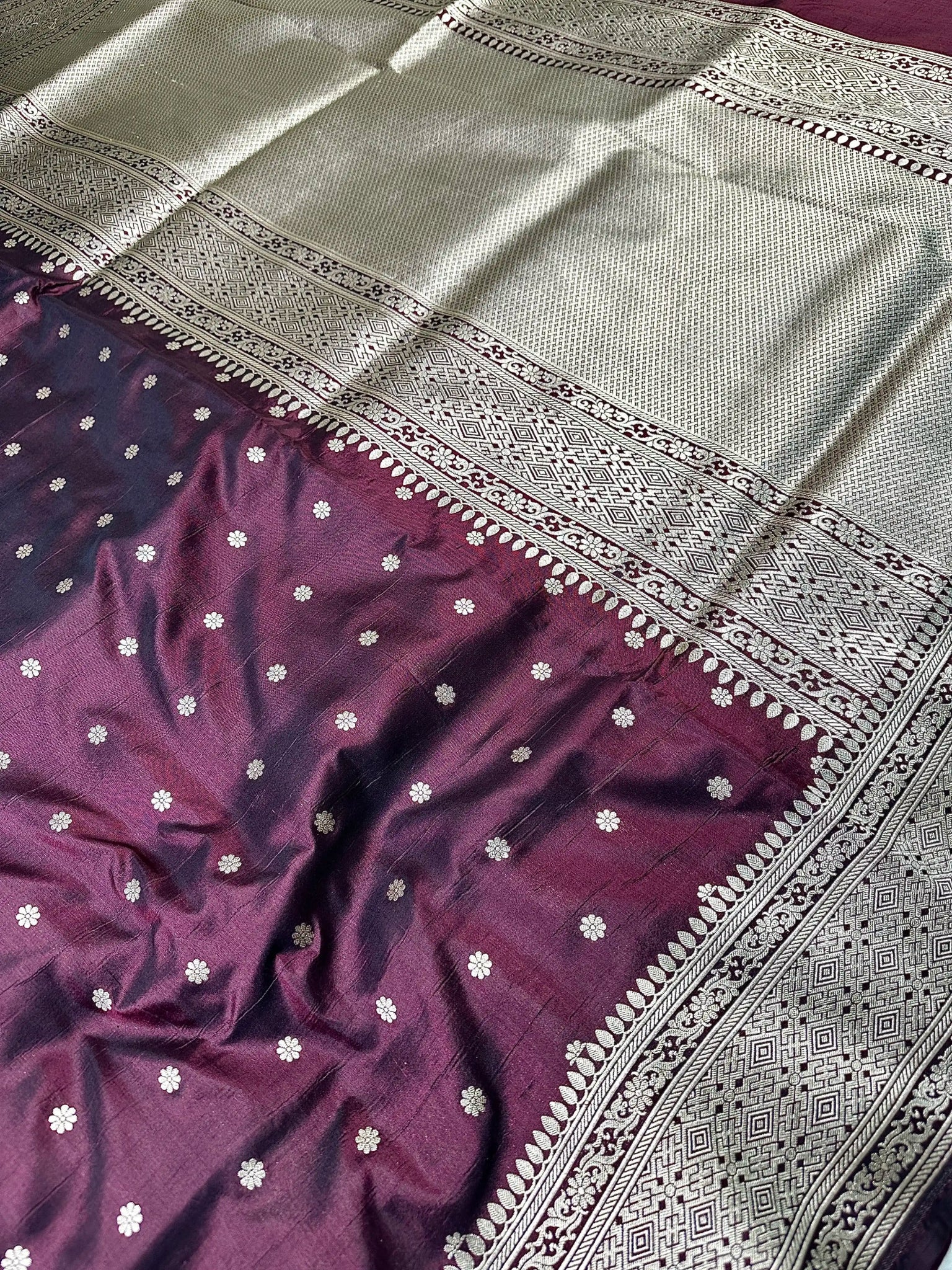 Wine Purple Pure Katan Silk Banarasi Saree with Silver Zari Buti & Traditional Handwoven Border - Katan Banaras