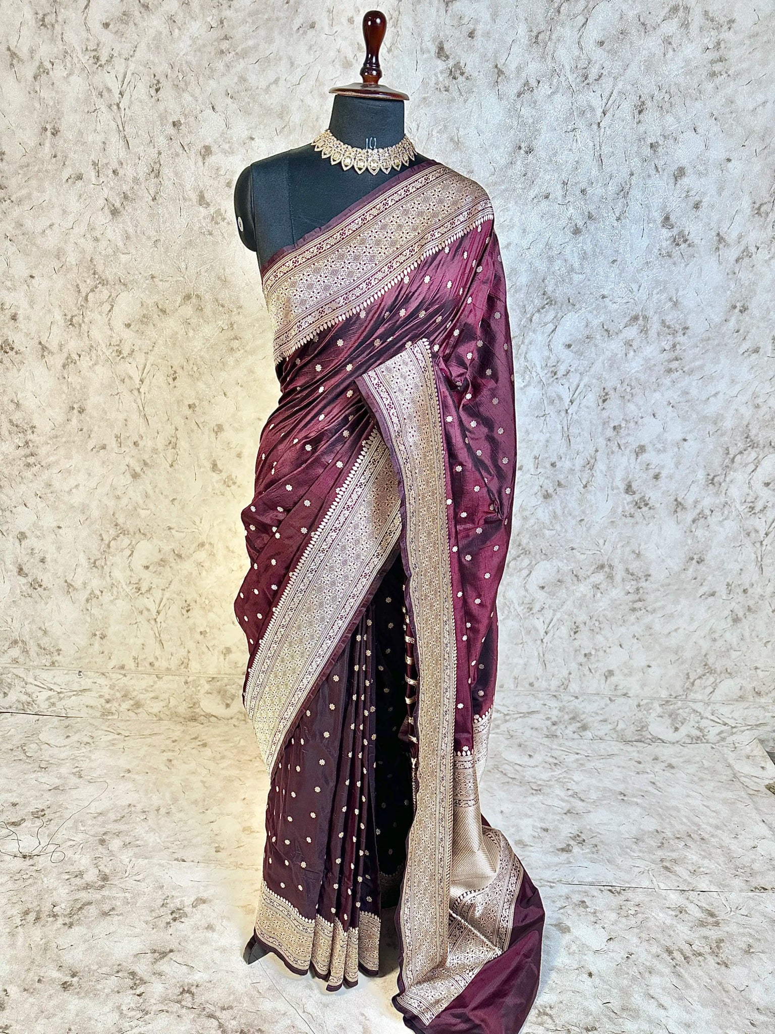 Wine Purple Pure Katan Silk Banarasi Saree with Silver Zari Buti & Traditional Handwoven Border - Katan Banaras