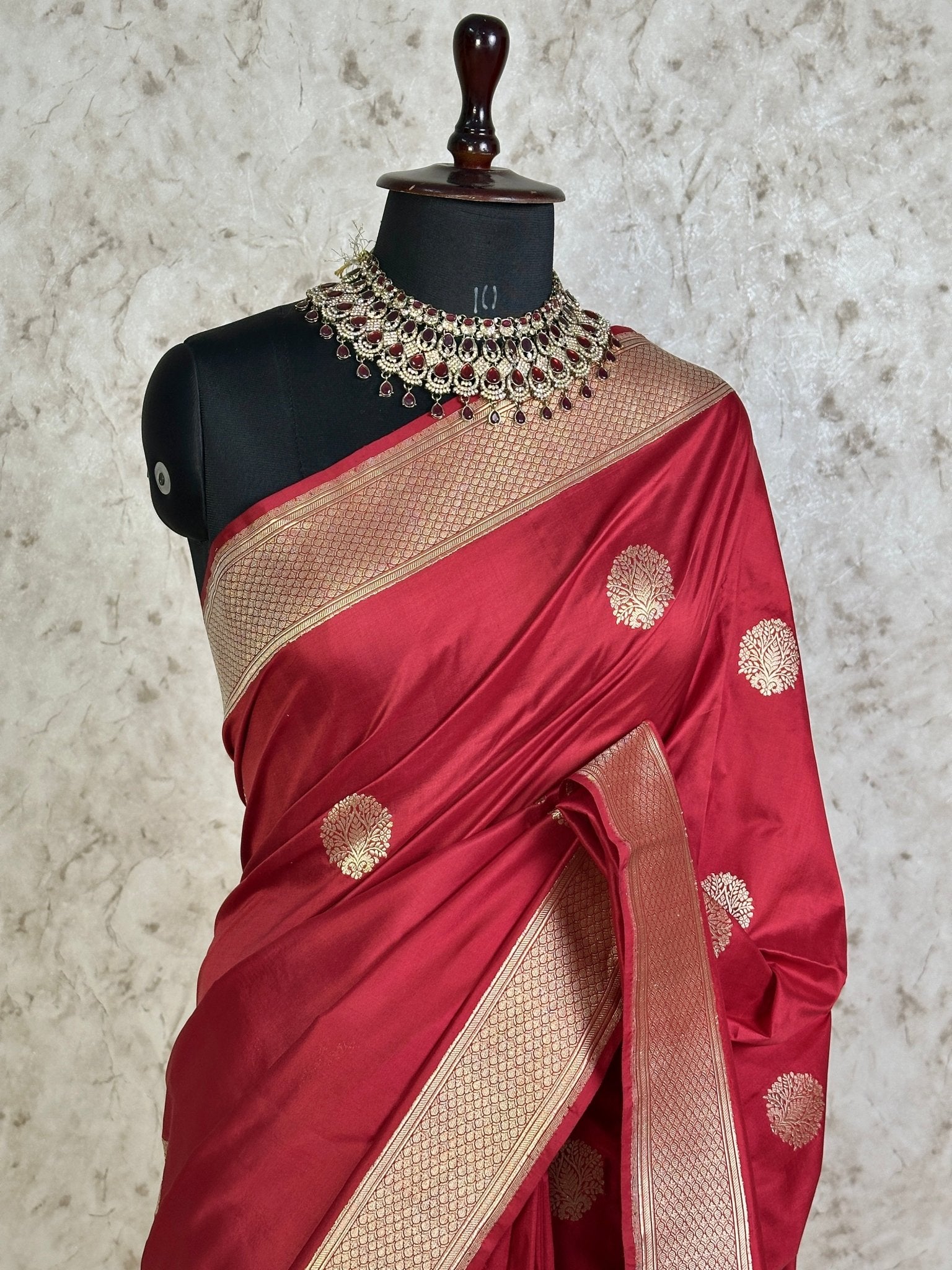 Wine Red Pure Katan Silk Banarasi Kadhwa Buta Handloom Ektara Weaved Saree with Zari Border - Katan Banaras