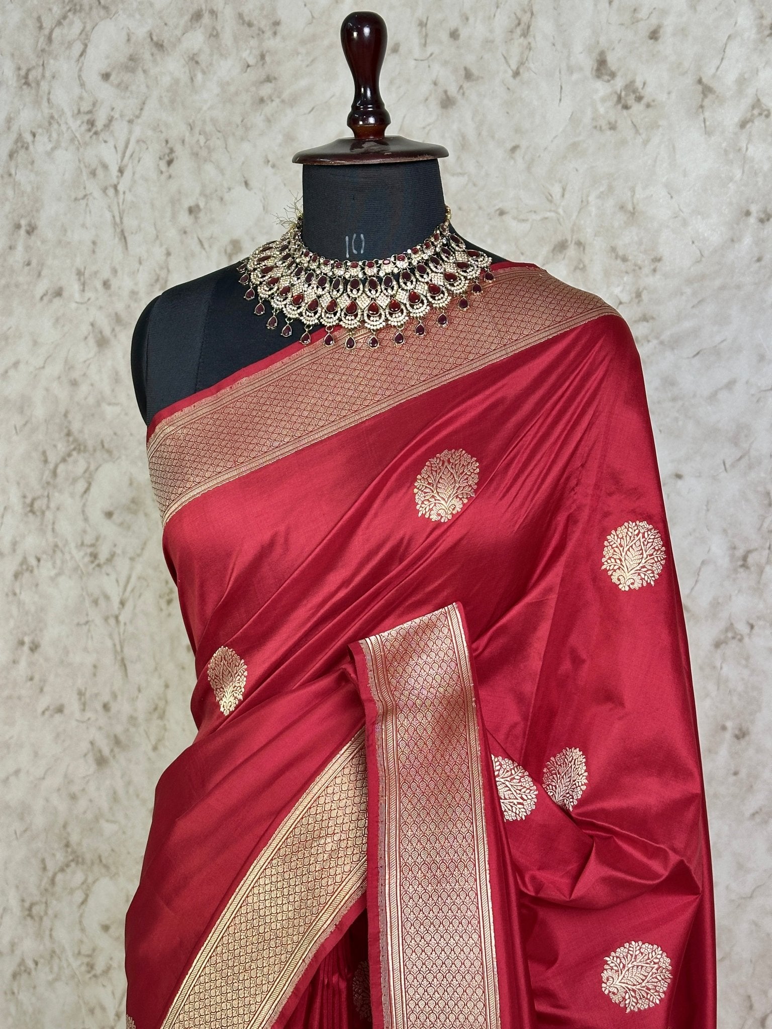 Wine Red Pure Katan Silk Banarasi Kadhwa Buta Handloom Ektara Weaved Saree with Zari Border - Katan Banaras