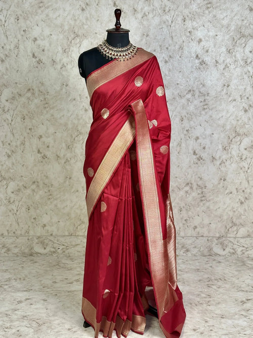 Wine Red Pure Katan Silk Banarasi Kadhwa Buta Handloom Ektara Weaved Saree with Zari Border - Katan Banaras
