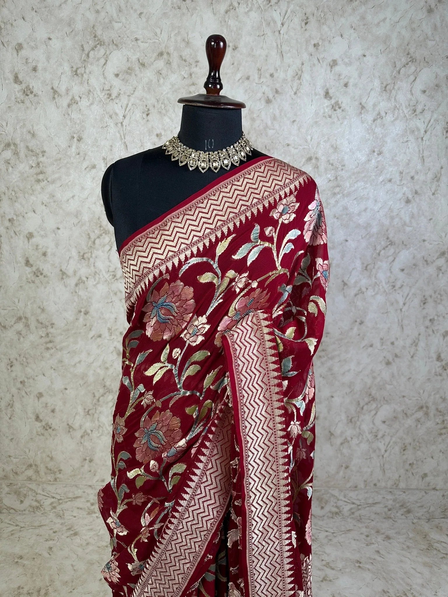 Wine Red Pure Khaddi Georgette Banarasi Saree with Hand Brush Kalamkari Work Zari Border - Katan Banaras