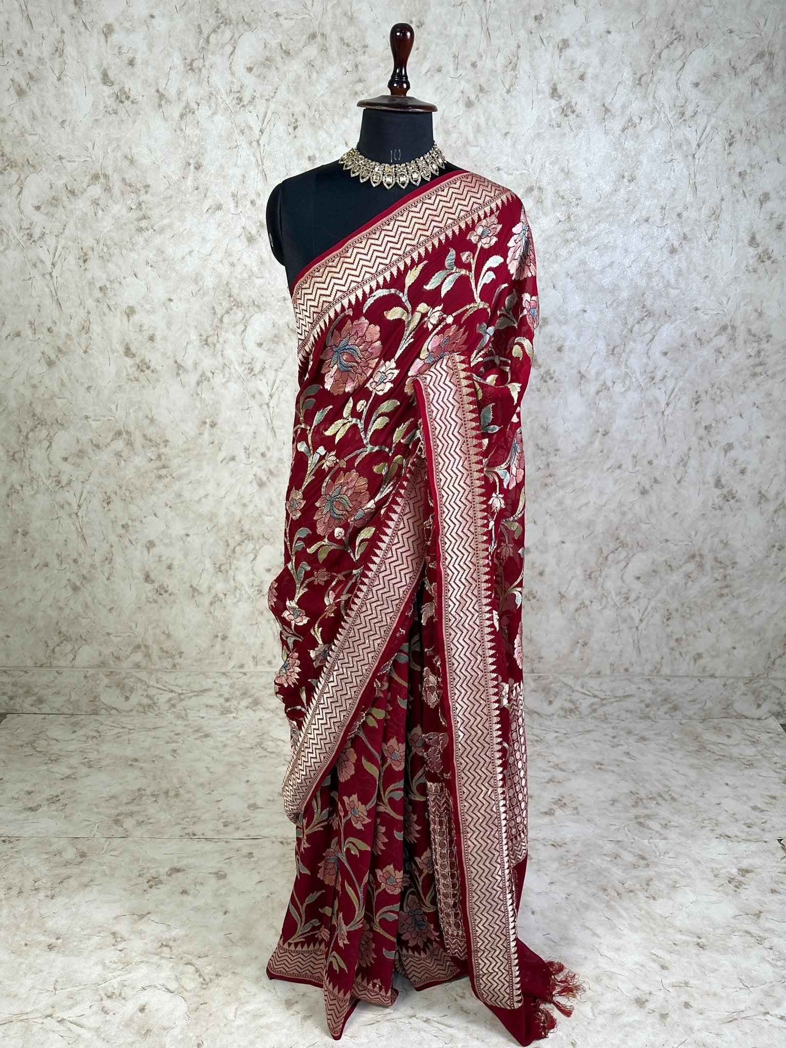 Wine Red Pure Khaddi Georgette Banarasi Saree with Hand Brush Kalamkari Work Zari Border - Katan Banaras