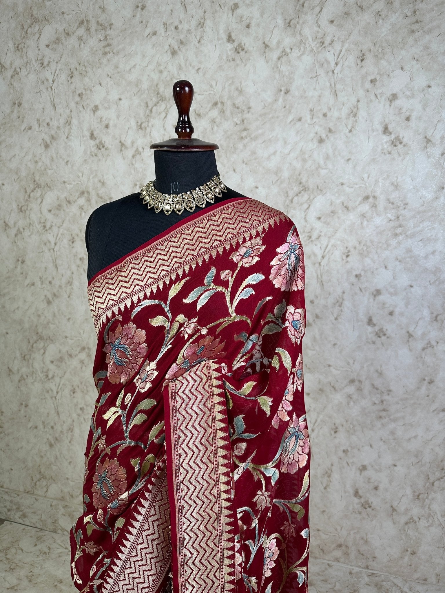 Wine Red Pure Khaddi Georgette Banarasi Saree with Hand Brush Kalamkari Work Zari Border - Katan Banaras
