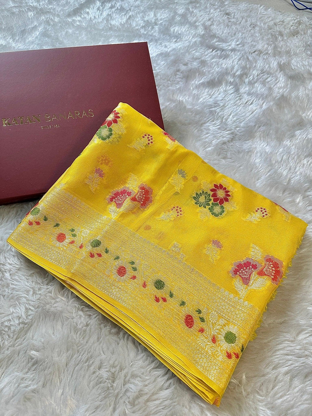 Yellow Pure Chiffon Silk Banarasi Saree with Minakari Design and Zari Border - Katan Banaras