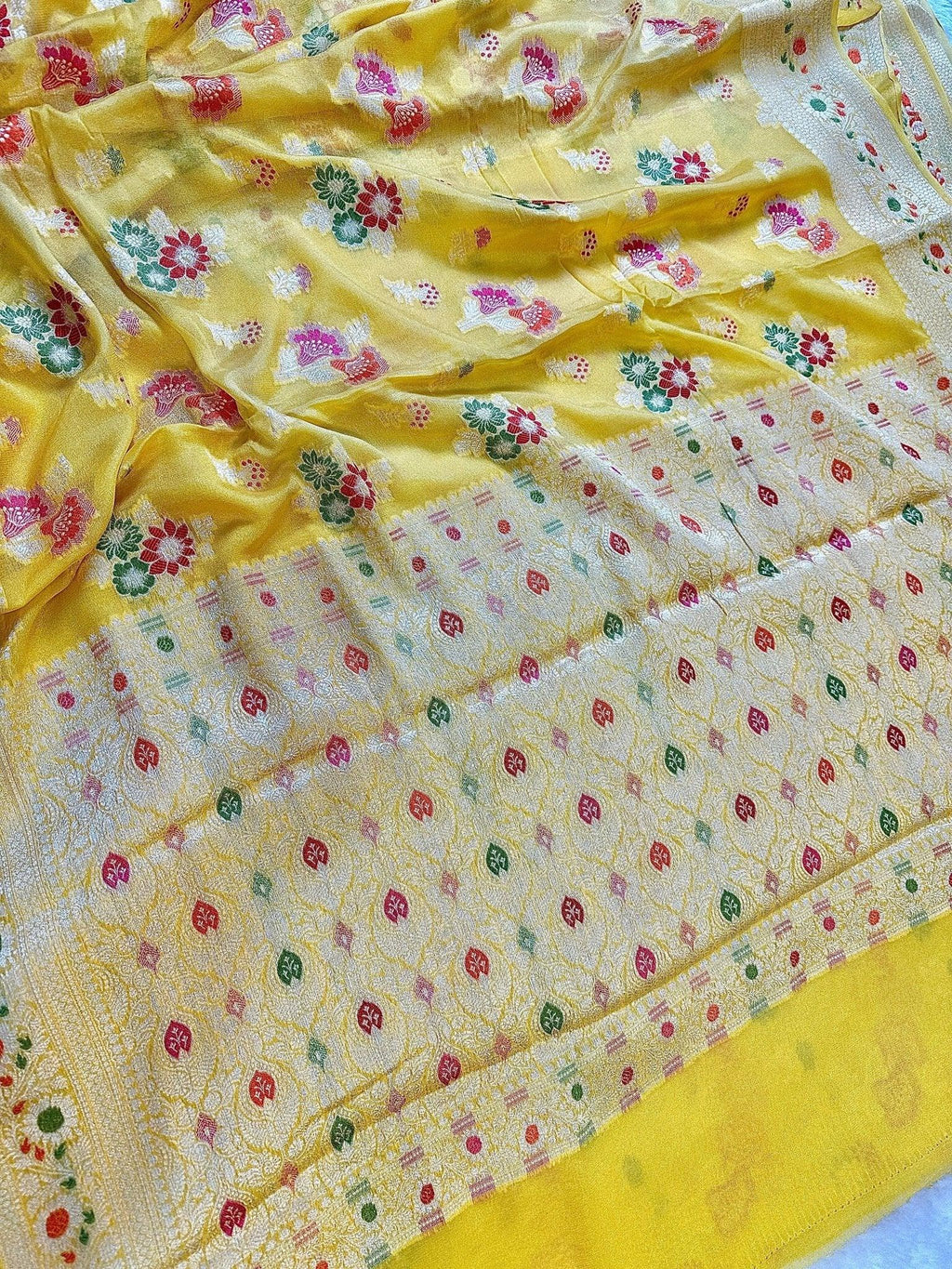 Yellow Pure Chiffon Silk Banarasi Saree with Minakari Design and Zari Border - Katan Banaras