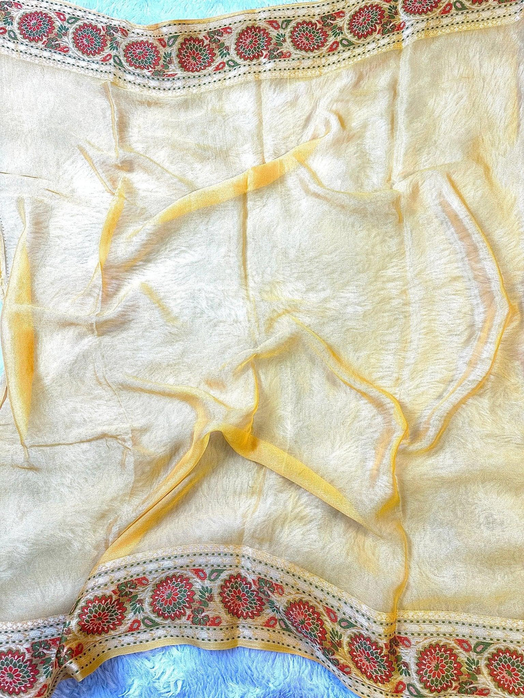 Yellow Pure Chiffon Silk Banarasi Saree with Multicolour Minakari Floral Border - Katan Banaras