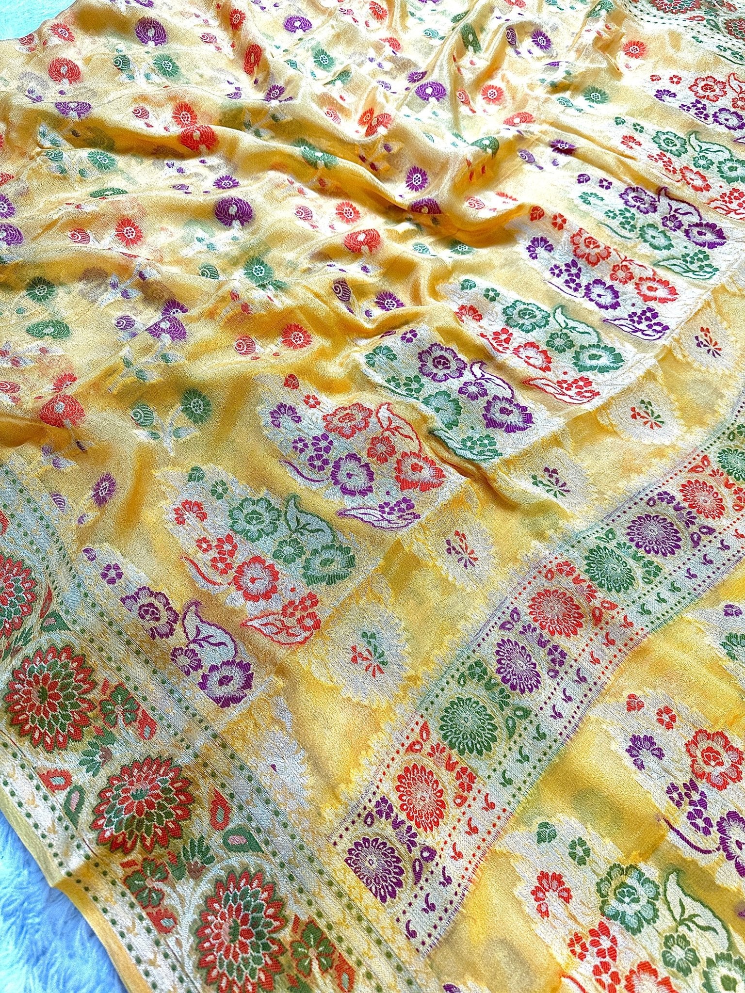 Yellow Pure Chiffon Silk Banarasi Saree with Multicolour Minakari Floral Border - Katan Banaras