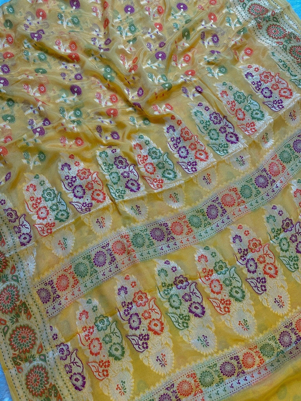 Yellow Pure Chiffon Silk Banarasi Saree with Multicolour Minakari Floral Border - Katan Banaras