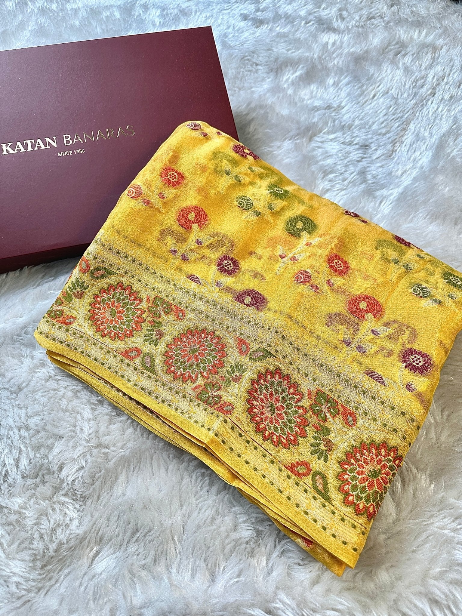 Yellow Pure Chiffon Silk Banarasi Saree with Multicolour Minakari Floral Border - Katan Banaras
