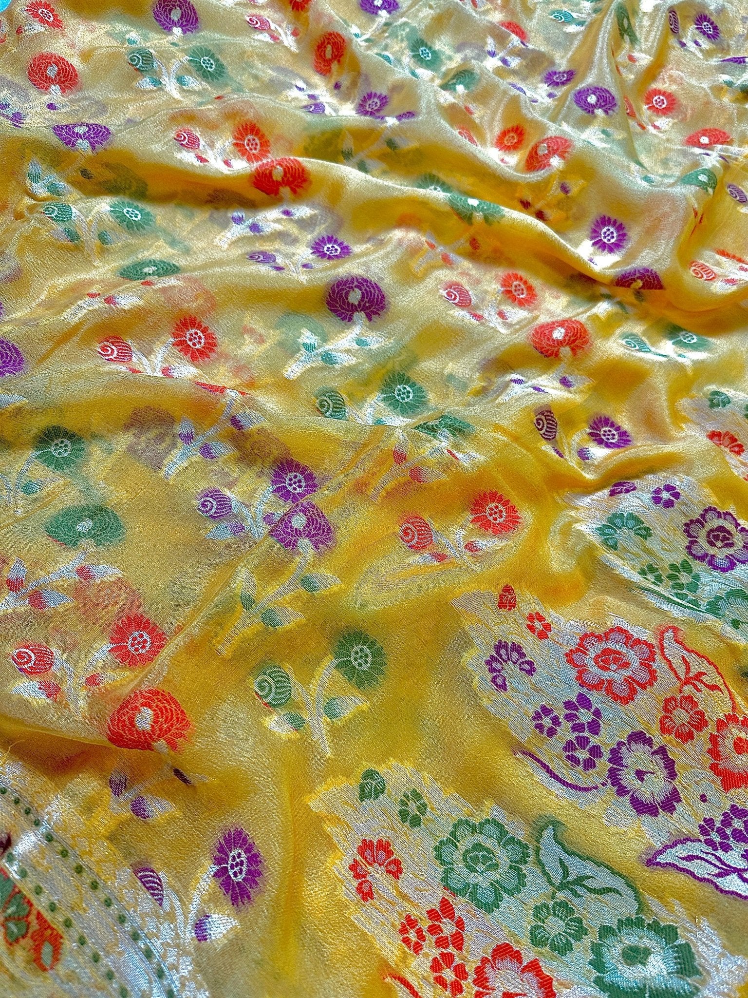 Yellow Pure Chiffon Silk Banarasi Saree with Multicolour Minakari Floral Border - Katan Banaras